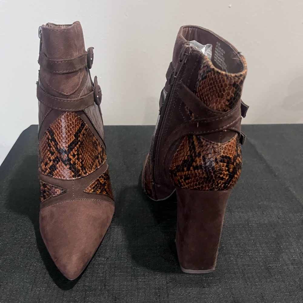 Shoe Dazzle Chocolate and Snakeskin Heeled Boots